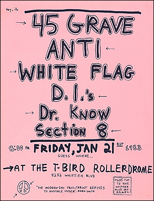 flyer of 45 GRAVE's January 21st, 1983 show at the T-Bird Rollerdome - "hey, it's not their fault they can't play any longer, it's the fault of this goddamn city!"