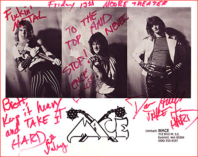 early promo pic, l-r: Kirk Verhey (vocals), Vence Larose (vocals/drums), Dave Hillis (guitar), indicated show was at Seattle in 1984