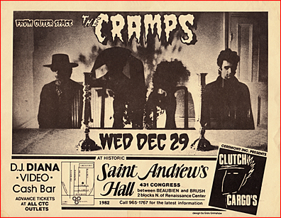 flyer of the THE CRAMPS' appearance at Clutch Cargo's in Detroit, MI on 1982-12-29